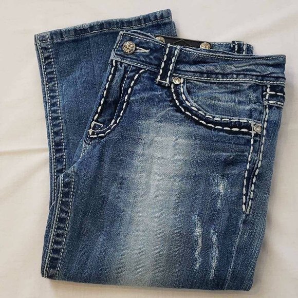 Miss Me Womens Cropped Jeans Blue Thick Stitch Medium Wash Low Rise Denim 29 - Picture 7 of 12